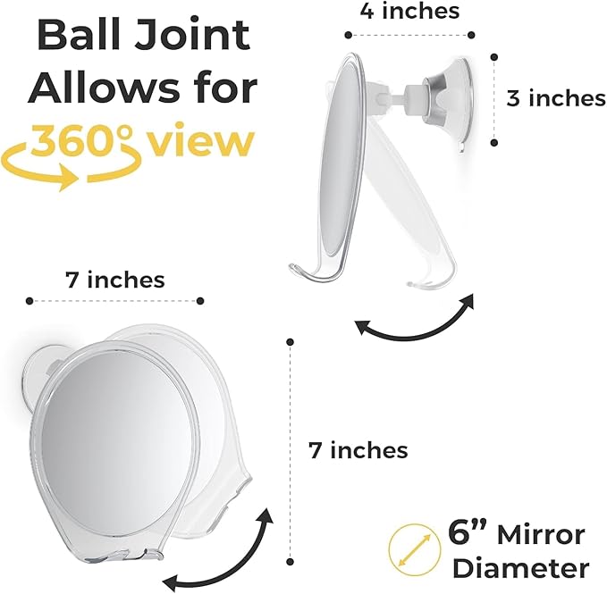 HONEYBULL Fogless Shower Mirror with Suction Mount & Swivel – Anti-Fog Acrylic Bathroom Mirror for Shaving – Built-in Razor Holder, Easy Install, Home Shower Accessory (White)