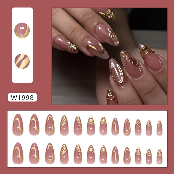 3D Gold Press on Nails Medium Almond Fake Nails with Gold Line Design Stick on Nails Nude Nails Press Ons Handmade Full Cover Acrylic Glue On Nail for Women Nail Art Decoration 24Pcs