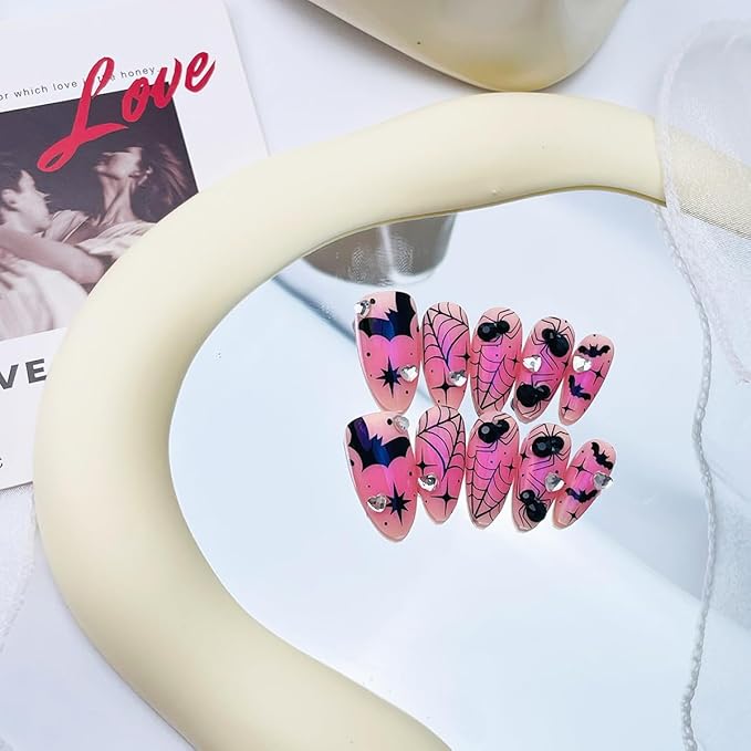 30Pcs Halloween Spider Bat Press on Nails Medium Almond Fake Nails with Rhinestone Designs 3D Goth Spider Web False Nail Pink Halloween Glue on Nail for Women Glossy Reusable Halloween Nails Art