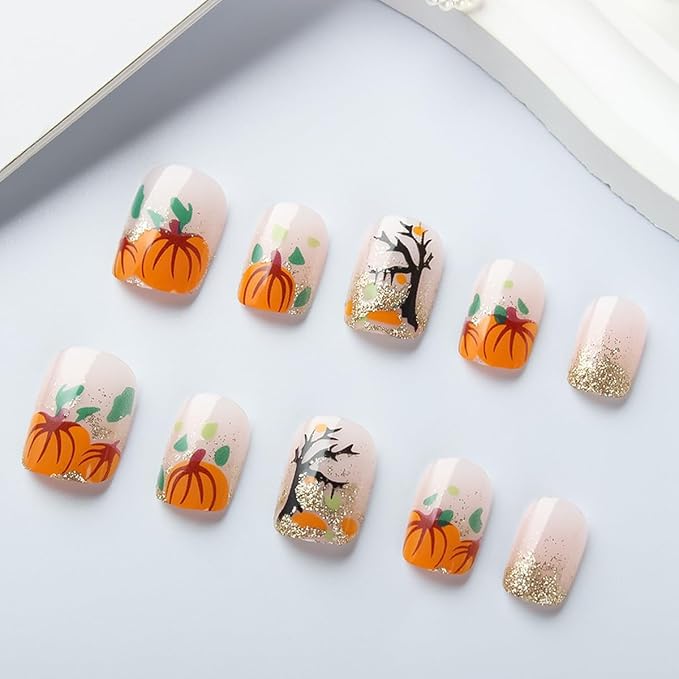 24Pcs Fall Pumpkins Press on Nails Short Square Fake Nails with Glitter Pumpkin Leaves Trees Designs Artificial Nails Cute Autumn Pumpkin Nail Tips Full Cover Fall Stick on Nails for Women