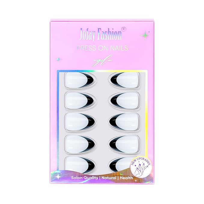 French Tip Press On Nails Almond - Noir French,Black Press On Nails Halloween, Acrylic Short Halloween Nails with Nail Glue, Fit Perfectly & Natural Stick On Nails in 16 Sizes - 32 PCS Soft Gel Kit
