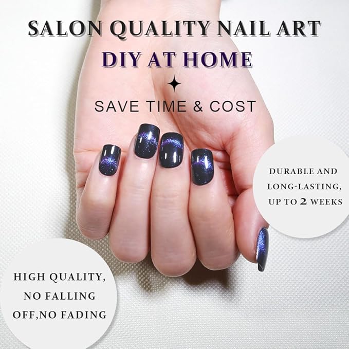 evpct Dark Blue Cat Eye Extra Short Press on Nails Square, Petite Short Square Glue on Nails for Women Gift, Smile Purple Metallic Glitter Glossy Reusable Gel Press on Acrylic Fake Nail with Designs