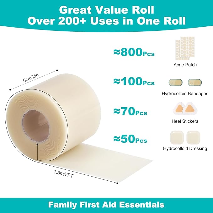 Hydrocolloid Roll for Wound Care, Hydrocolloid Bandages with Self-Adhesive, Cut-to-Size Patch Bandages, Ultra Absorbent, Waterproof, First Aid Kit Essential (2IN*4.8FT)