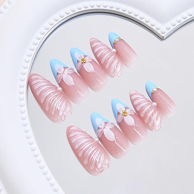 24Pcs Blue French Press on Nails Medium Almond French Tip Fake Nails with 3D Shell Pattern Fall Flower False Nails Gold Beads Pearl Glue on Nails Nude Acrylic Nail Tips for Women Nail Decoration
