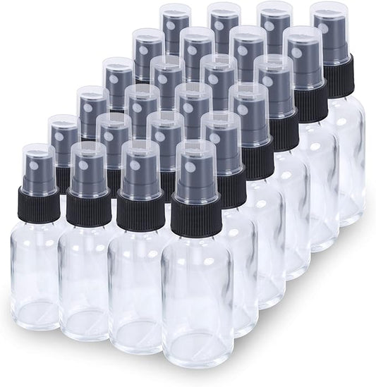 2oz Glass Spray Bottle, Fine Mist Boston Glass Bottles with Black Fine Mist Sprayer Small Clear Bottles for Essential Oils, Bath, Beauty, Hair & Cleaning, Clear, Pack of 48