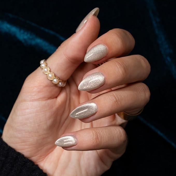 KQueenest Press On Nails Short - Beige White Press On Nails Almond Shape, Natural Glitter Cat Eye Fake Nails with Nail Glue, Reusable Cute Bright Gel Glue On Nails with Color-Shifting Glow, 30 Pcs