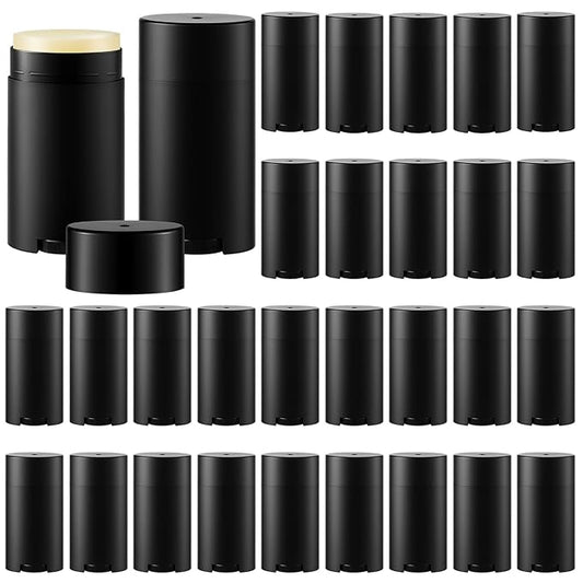 30 Pack 75ml/2.5oz Empty Deodorant Containers, Bottom Filling, Black Plastic Oval Refillable Deodorant Containers Twist up Oval Lip Balm Tube for DIY Deodorants Lipstick Crayon Lotion