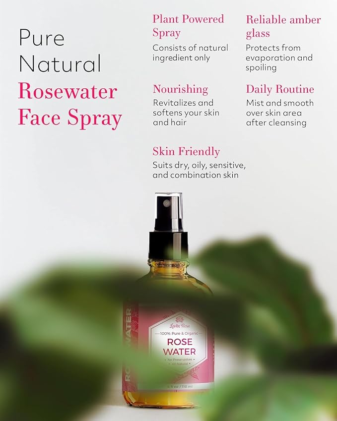 Rose Water Spray for Face by Leven Rose - Pure Natural Moroccan Rosewater Hydrosol Face Spray - Organic Rose Water for Hair 4 oz