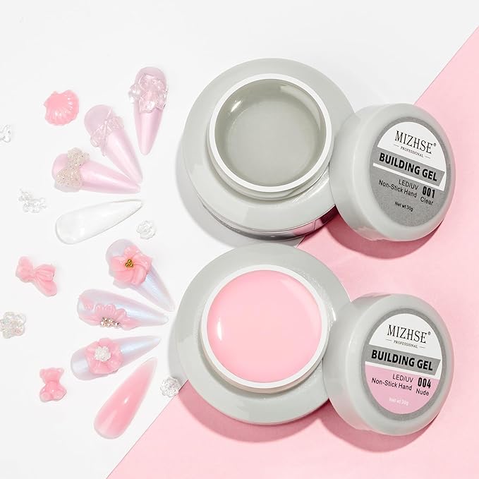 MIZHSE Non-Sticky Solid Builder Gel For Nails, 30g Clear and Pink Sculpting Building Carving Modeling Hard Gel for Nail Strengthen Nail Extension 3D Nail Art for Soak Off Manicure Kit DIY Home Gift