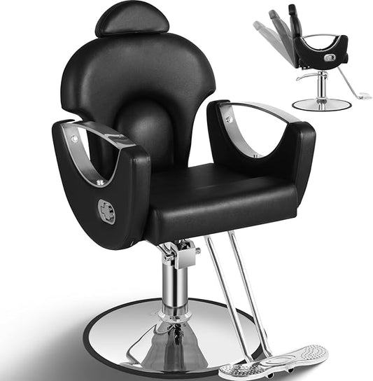 Salon Chair for Hair Stylist, Reclining Barber Salon Chair with Heavy Duty Hydraulic Pump, 360 Swivel Styling Braiding Hairdresser Chairs for Home Barbershop, Black Sliver
