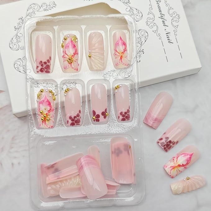 24Pcs Summer Flower Press on Nails Medium Square French Tip Fake Nails 3D Pink Floral with Gold Starfish Press Ons Cute Stick on Nail Ocean Beach False Nails Glue on Nail for Women Acrylic Nails
