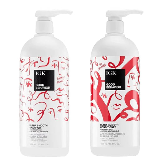 IGK GOOD BEHAVIOR Ultra Smooth Shampoo and Conditioner Set | Frizz Control + Hydrates + Shine | Vegan + Cruelty Free | 33.8 Oz