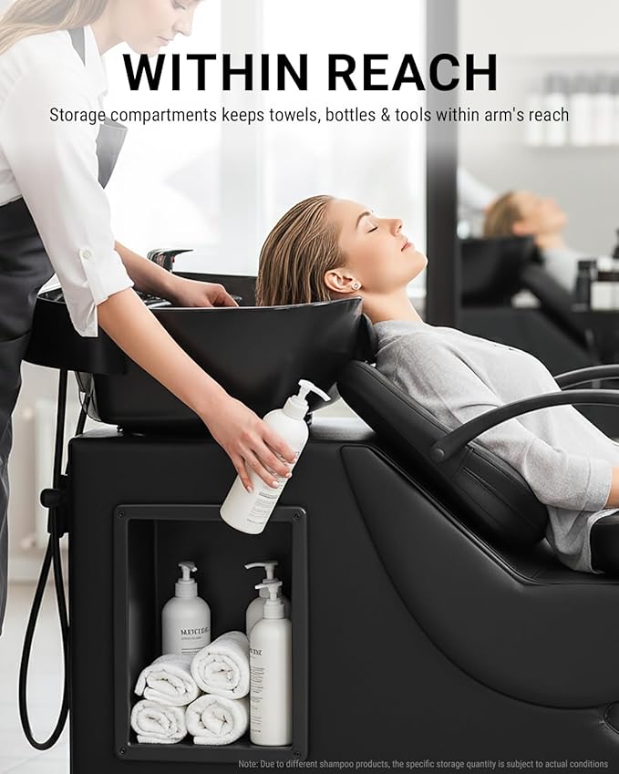 Shampoo Bowl and Chair Set for Salon, Hair Washing Station for Hair Stylist, ABS Shampoo Bowl Sink Chair with Side Store Compartment for Spa Beauty Barbershop, Black