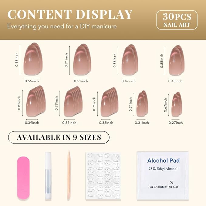 evpct Nude Brown Cat Eye Press on Nails Almond Medium, Medium Almond Glue on Nails for Women Gift, Iridescent Pink Smile Curve Metallic Glitter Reusable Gel Press on Acrylic Fake Nail with Designs