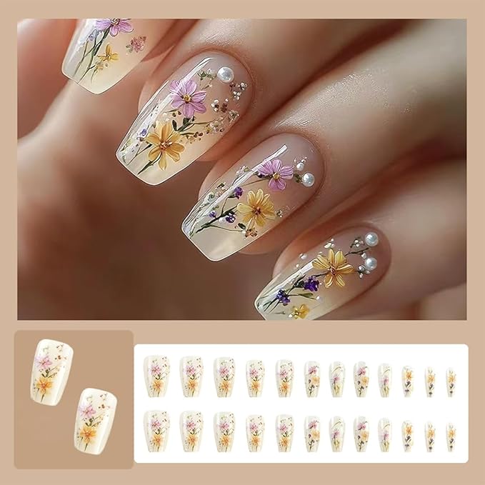 24Pcs Flower Press on Nails Short Coffin Fake Nails Spring Summer Nails with Pearl Floral Artificial Nails Glossy Glue on Nails Full Cover Nude Acrylic Stick on Nails for Women Manicure Art Design