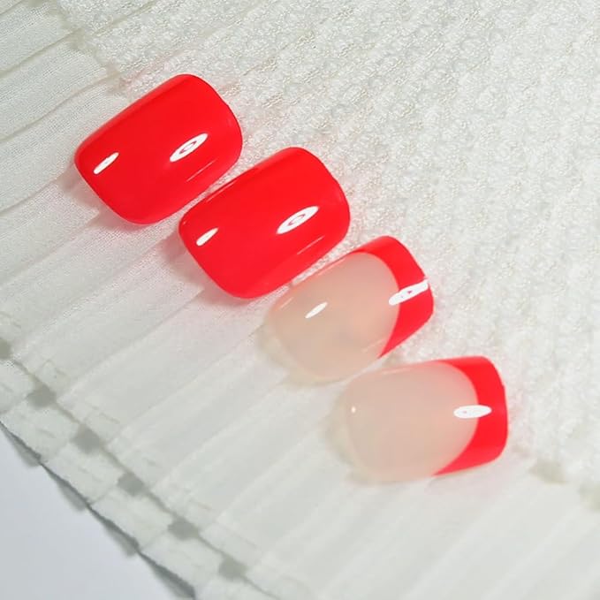 Red French Tip Press on Nails Short, Square Fake Nails Kit, Glossy Gel Finish Acrylic Press On Nails, Natural Glue On Nails, Reusable Stick On Fake Nails for Women, 24Pcs