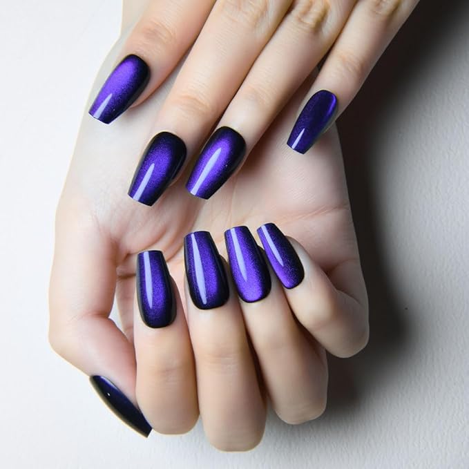 evpct Royal Blue Cat Eye Coffin Press on Nails Square Medium, Medium Square Glue on Nail for Women Gift, Royal Blue Metallic Glitter Glossy Reusable Soft Gel Press on Acrylic Fake Nails with Designs