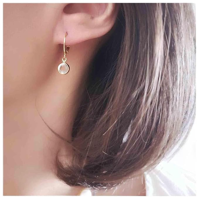 Round Bezel Dangle Earrings Gold Crystal Quartz Earrings Faceted Gemstone Earrings Tiny Circular Leverback Earrings Jewelry for Women and Girls
