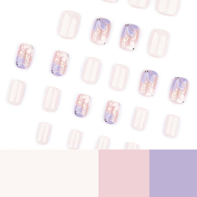 Short Square Press On Nails, Beige Fake Nails with Blossom Floral and Gold Foil Design, Glossy Reusable Acrylic Nails Kit for Women, Natural Look, 24Pcs Glue-On Set