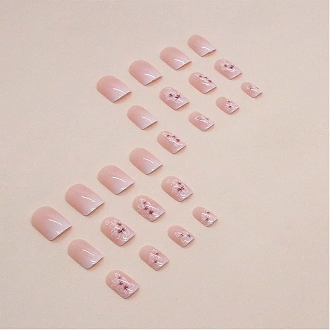 Flower Fake Nails Square Press on Nails Short False Nails with Ombre Design Pink Acrylic Nails Full Cover Artificial Nails Floral Glue on Nails Stick on Nails for Women Manicure 24Pcs