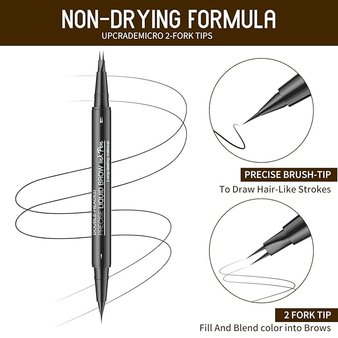 Eyebrow Pencil, Eyebrow Pen with Double-Brush Tip 2-in-1 Eyeliner Dual-Ended Microblading Long Lasting Waterproof Hair-Like Brow Pencil with Eyebrow Brush (Brown)
