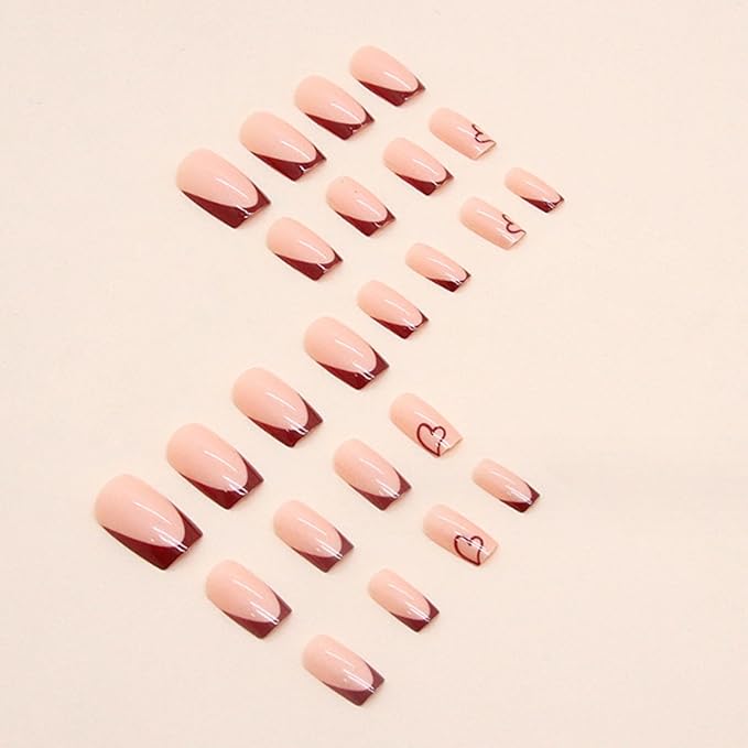 Hkanlre Red Square Press on Nails French Fake Nails Tips Full Cover Heart Medium False Nails for Women and Girls 24PCS