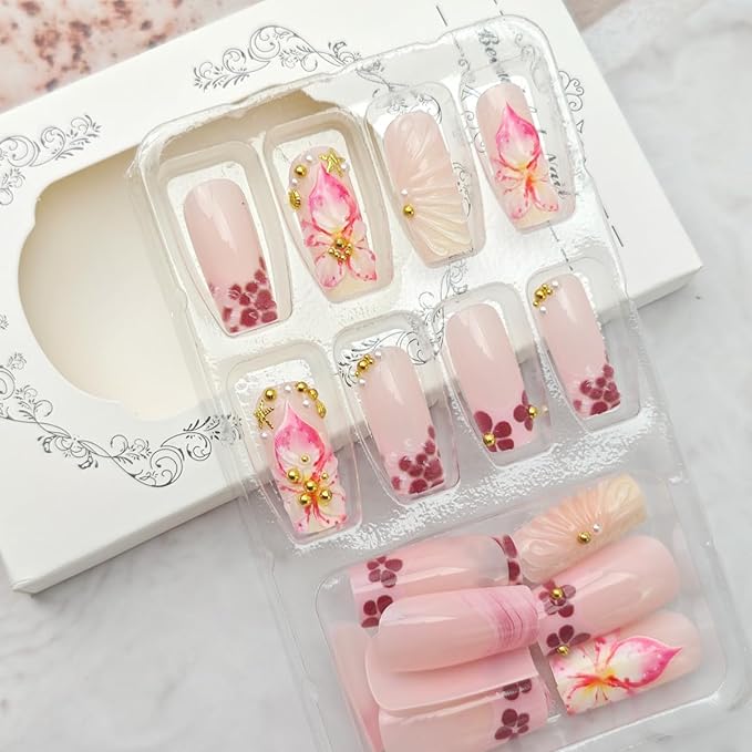 24Pcs Summer Flower Press on Nails Medium Square French Tip Fake Nails 3D Pink Floral with Gold Starfish Press Ons Cute Stick on Nail Ocean Beach False Nails Glue on Nail for Women Acrylic Nails