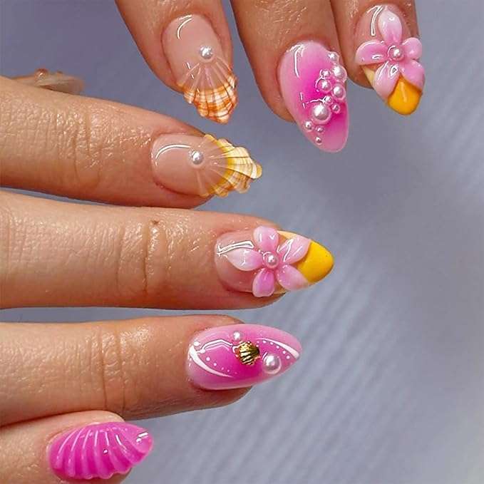 24pcs Pink Flower Almond Acrylic False Nails with Orange French Tip, Silver Pearl Shell Design, Summer Water Ripple, Glossy Finish, Full Cover, Artificial Glue on Nails for Women