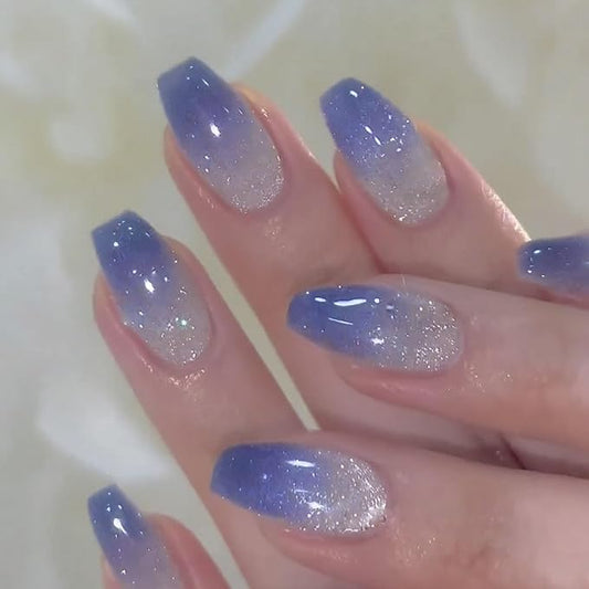 24pcs Short Press On Nails, Coffin Shape, Blue, Glossy, Cat's Eye Designs, Full Cover, Plastic Material, Quick On, Full Well Tips, False Nails, Art Deco Style