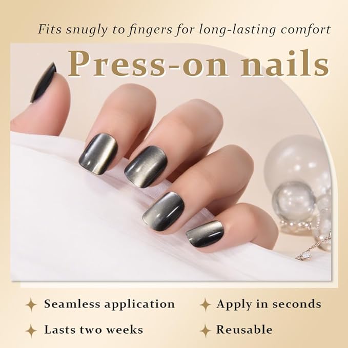 Cat Eye Black Press On Nails Short Square, Designer Reusable Acrylic Fake Nails with Glue, Glossy Soft Gel Nails Wedding and Party, Stick On Glue On Nails, Nails Press Ons fro Women