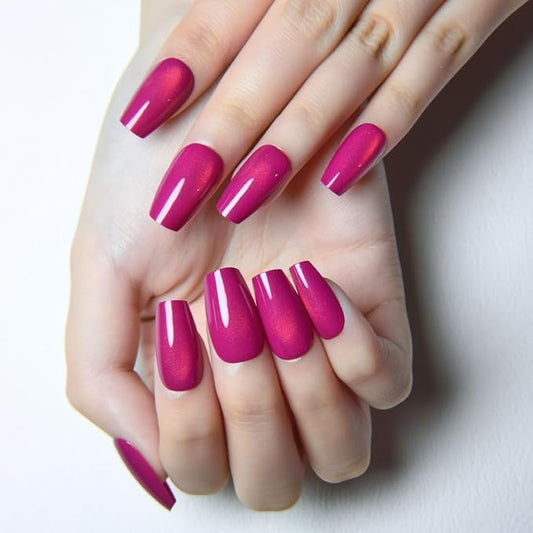 evpct Purple Red Cat Eye Coffin Press on Nails Square Medium, Medium Square Glue on Nail for Women, Purple Red Metallic Glitter Glossy Reusable Summer Soft Gel Press on Acrylic Fake Nail with Designs