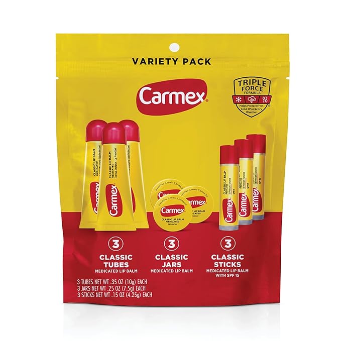 Carmex Classic Medicated Lip Balm Pack, Lip Moisturizer for Chapped Lips, 9-Count Variety Pack Bag (3 Tubes, 3 Sticks, 3 Jars)
