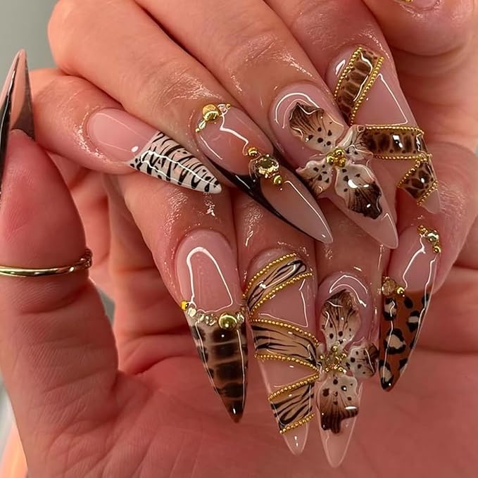 Fall Almond Press on Nails Medium French Tip Fake Nails Luxury Gold Beads Glue on Nail Brown Handmade Acrylic Nails Autumn Flower False Nail Leopard Print Tip Stiletto Stick on Nail for Women 24Pcs