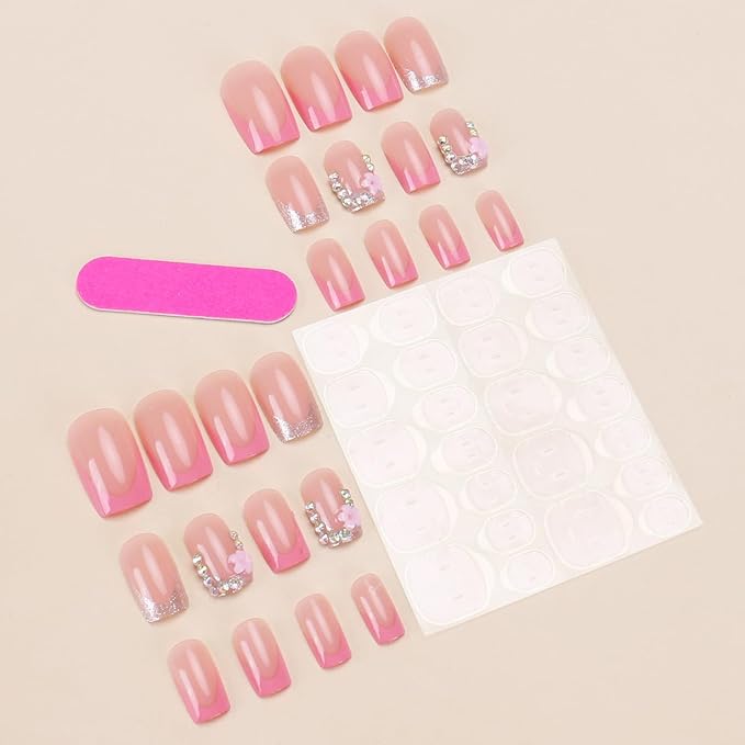 24Pcs Pink Flower Press on Nails Short Square French Tip Fake Nails Colour Rhinestones Design Luxury Shiny False Nails Nude Full Cover Artificial Glue on Nails Spring Nail Supplies for Women DIY Kit
