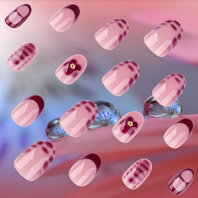 Peach Blossom Acrylic Full Cover Fake Nails Flower Press on Nails 24Pcs Tortoise Pattern Gel Glue on Fingernails Glossy Red French Short Almond False Nail Pearl Stick on Nail for Holiday Manicure Art