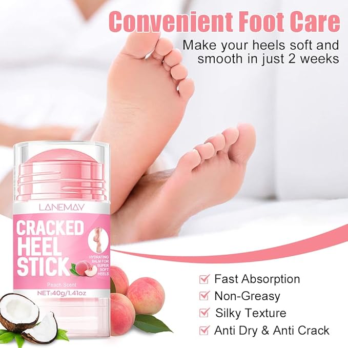 2Pcs Peach Scented Foot Care Set, Hydrating Anti-Cracking Heel Balm Stick for Dry Cracked Skin, Nourishing Softening Treatment