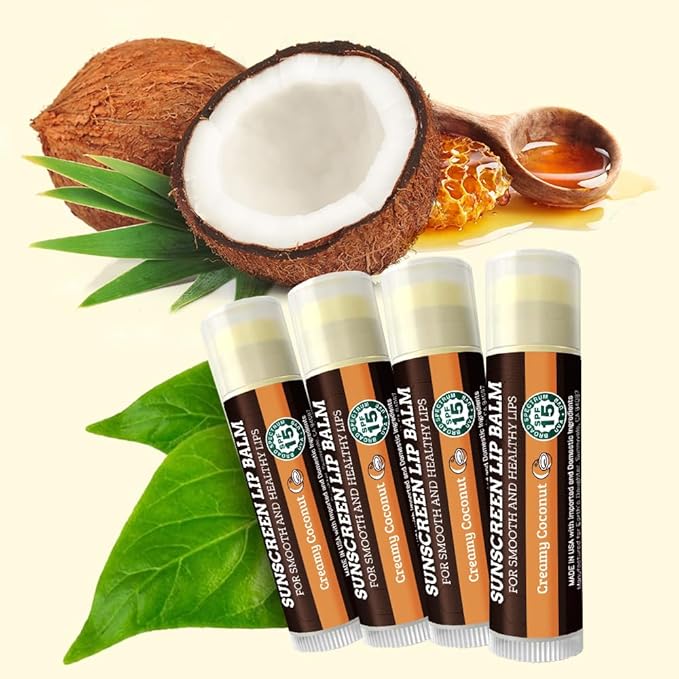 Earth's Daughter SPF Coconut Lip Balm 4-Pack Stocking Stuffers - Lip Sunscreen, SPF 15, Organic Ingredients, Beeswax, Coconut Oil, Vitamin E - Hypoallergenic, Paraben Free, Gluten Free, New