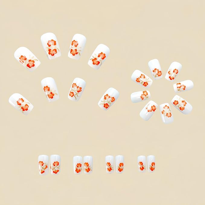 White Press on Nails Medium Square Fake Nails with Flower Designs Spring Nails Press ons Summer Acrylic Nails for Women 24Pcs