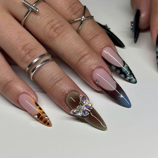 Long Press on Nails French Tip Fake Nails Stiletto False Nails Ombre with Rhinestone Butterfly Design Glue on Nails Glossy Acrylic Artificial Nail for Women 24 Pcs