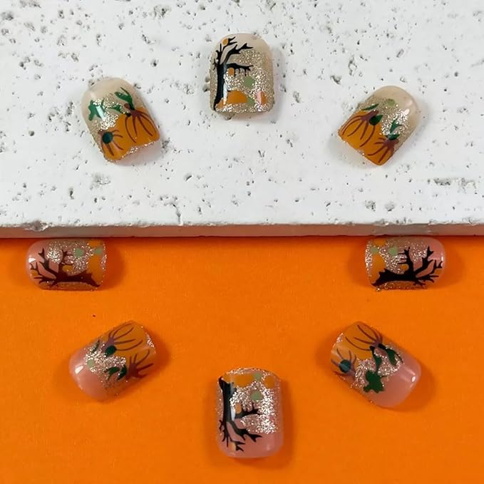 Short Square Press on Nails Halloween Fake Nails Gold Glitter False Nails Orange Pumpkin Black Tree Design French Tips Glue on Nails Fall Glossy Stick on Nail for Women Decoration Nail Art Kit
