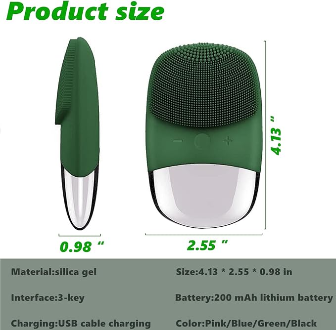 MEGAN Facial Cleansing Brush,USB Rechargeble Electric Silicone Face Scrubber,IPX7 Waterproof Sonic Facial Massager, 3 in 1 face Brush for Deep Cleanning, Blackhead Remover, Exfoliating. (Green)