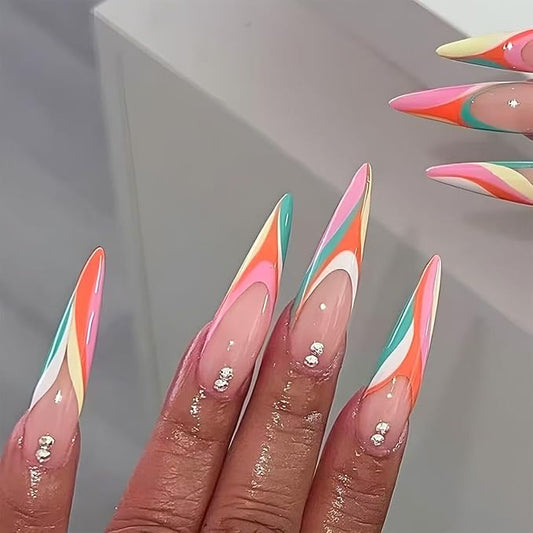 Colorful French Tip Press on Nails Long Fake Nails Stiletto False Nails Press ons Rhinestone Design Glossy Acrylic Artificial Nails for Women 24 Pcs