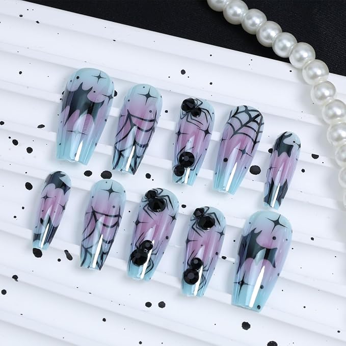 30Pcs Goth Press on Nails Medium Coffin Fake Nails Blue Laser Chrome with Black Spider Bat Glitter Designs Full Cover Y2k Glue on Nails Halloween False Nails Stick on Nail for Women Acrylic DIY