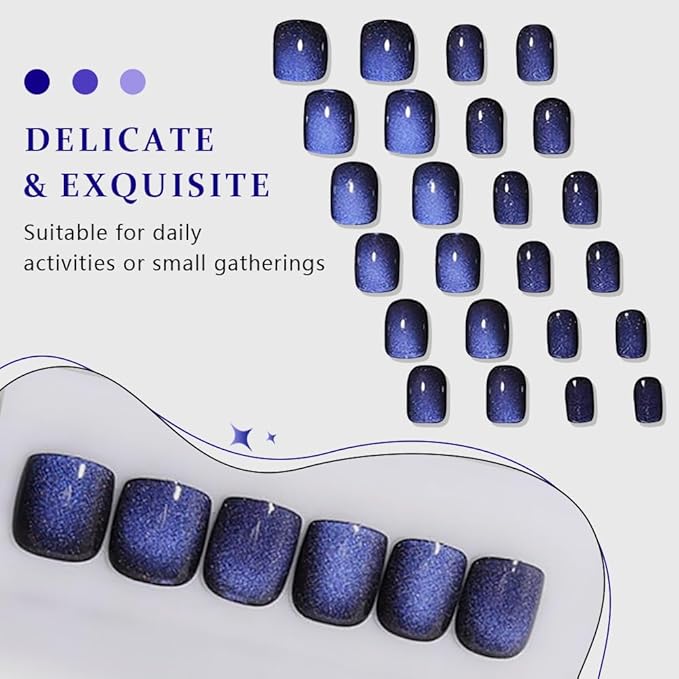 evpct Royal Blue Cat Eye Extra Short Press on Nails Square, Petite Short Square Glue on Nails for Women Gift, Blue Metallic Glitter Glossy Reusable Stick Gel Press on Acrylic Fake Nail with Designs
