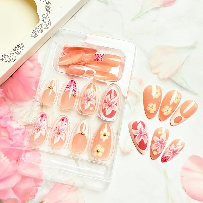 Pink Flower Press on Nails Medium Almond Fake Nails with Designs 3D Floral Gold Pearl Summer False Nails French Tip Glue on Nails Almond Shape Acrylic False Nails Tip Stick on Nails for Women 24Pcs