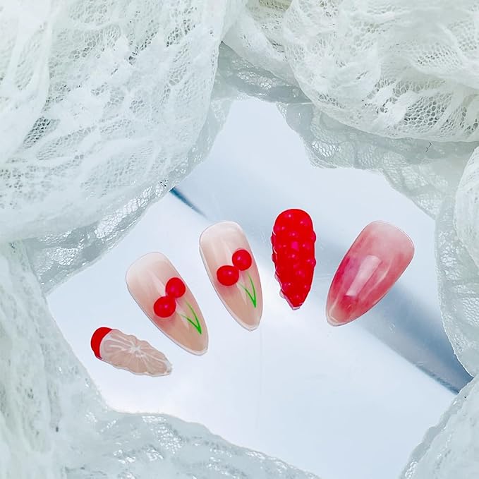 24Pcs Pink Cherry Press on Nails Medium Almond Fake Nails Summer Fruit False Nails 3D Grapefruit Strawberry Water Drop Designs Pink Cute Nails Full Cover Acrylic Stick on Nails for Women DIY Manicure