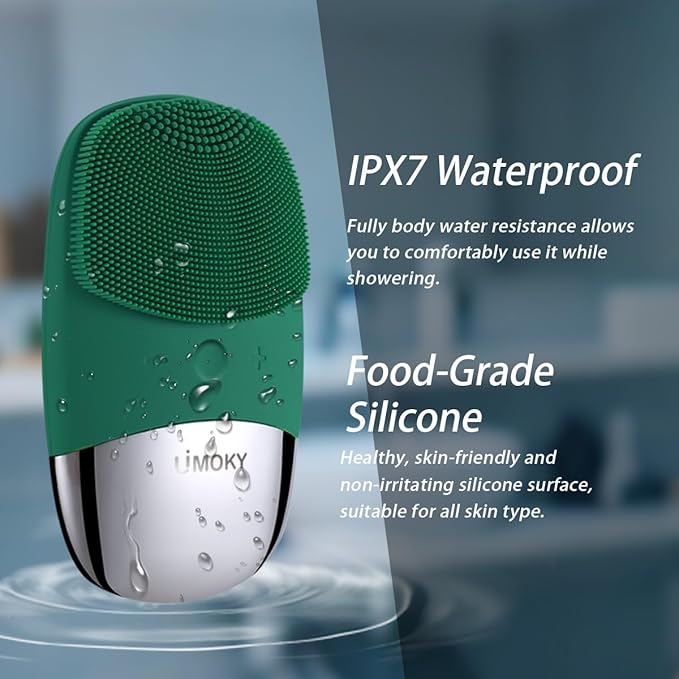 Facial Cleansing Brush, 3-in-1 Electric Silicone Face Scrubber, Vibrating Massager, IPX7 Waterproof, USB Rechargeble Pore Brush for Deep Cleanning, Blackhead Remover, Exfoliating (Green)