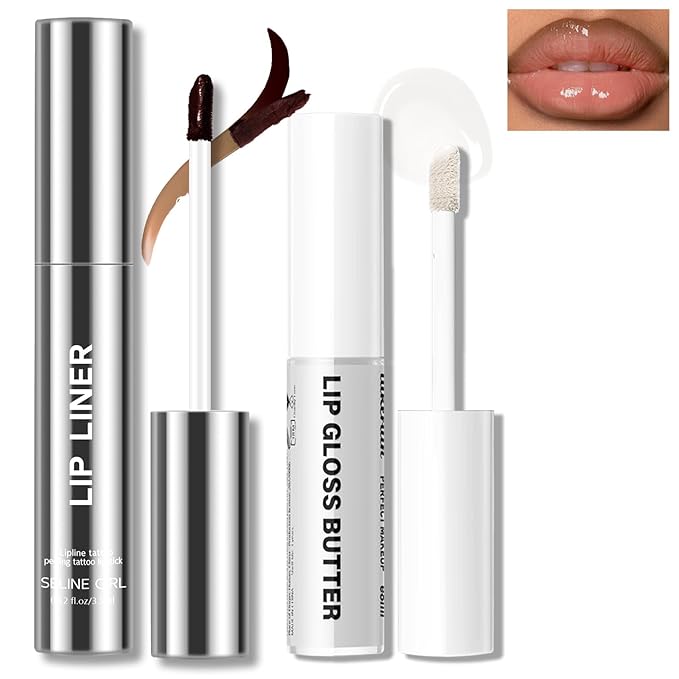 Peel Off Lip Liner Stain Tattoo, Long Lasting Waterproof Lip Stain Peel off, Tattoo Brown Lip Liner and Lip Gloss Combo, Non-Stick Cup Nourishing Lip Gloss Set Lipstick Makeup