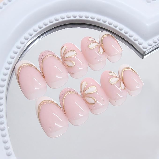24Pcs Almond Press on Nails Short Length White French Tip Fake Nails with Glitter Designs Gold Line Flower Acrylic Nails Full Cover Spring False Nails White Floral Stick on Nails for Women Nail Decor