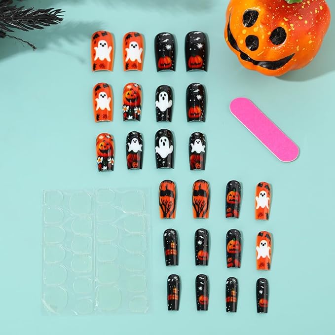 24Pcs Horror Pumpkin Press on Nails Medium Square Halloween Fake Nails Pumpkins Ghost Black Cat with Flower Full Cover Glue on Nail Goth False Nails Halloween Horror Stick on Nail for Women Acrylic